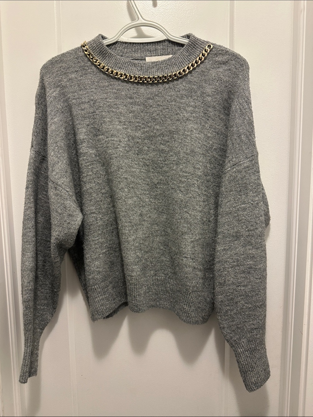 H&M Gray Crewneck Sweater with Gold Chain Accent